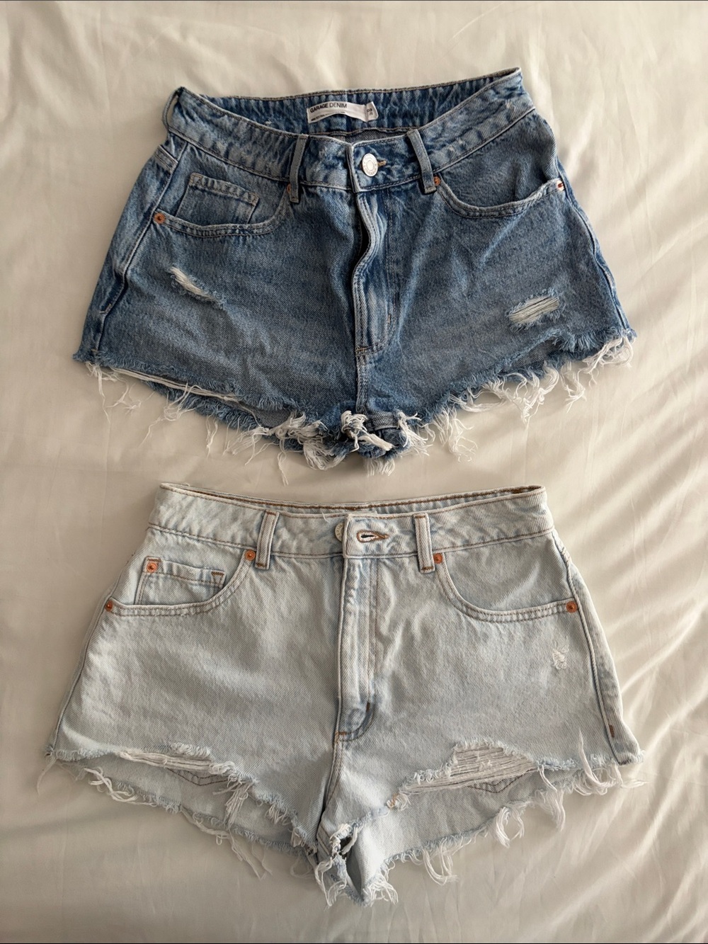 Garage Casual High-Rise Distressed Denim Shorts - Light Blue / Medium Blue